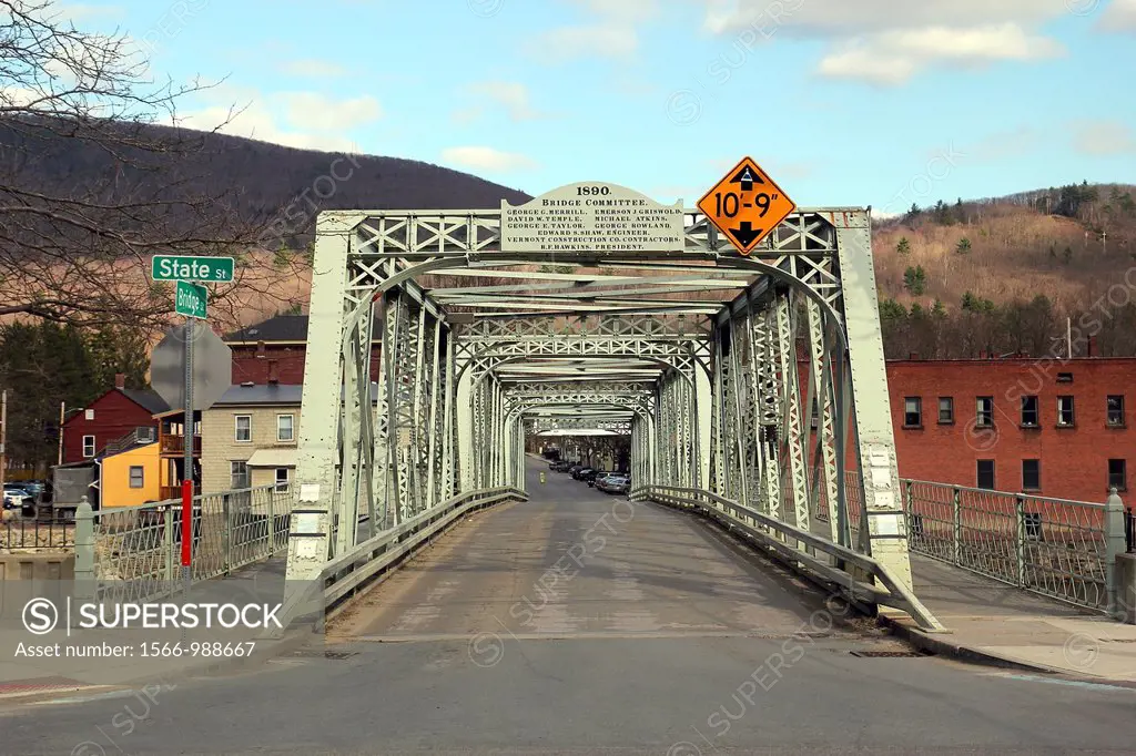 The iron bridge between Shelburne and Buckland, two small towns which meet in the village of Shelburne Falls, Massachusetts