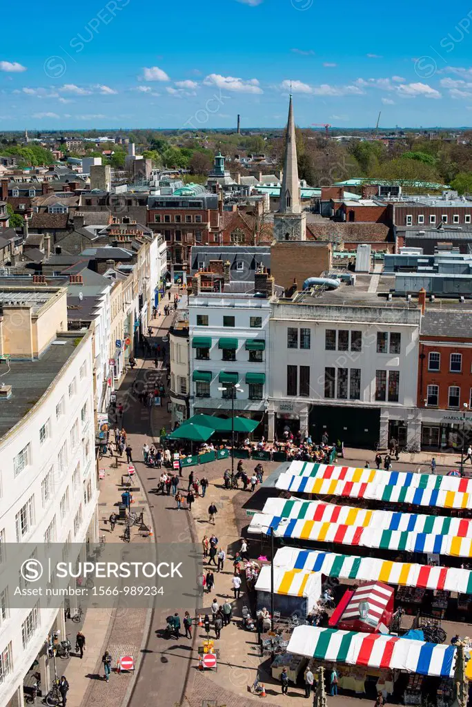 Aerial view of Cambridge market square  Cambridgeshire  England