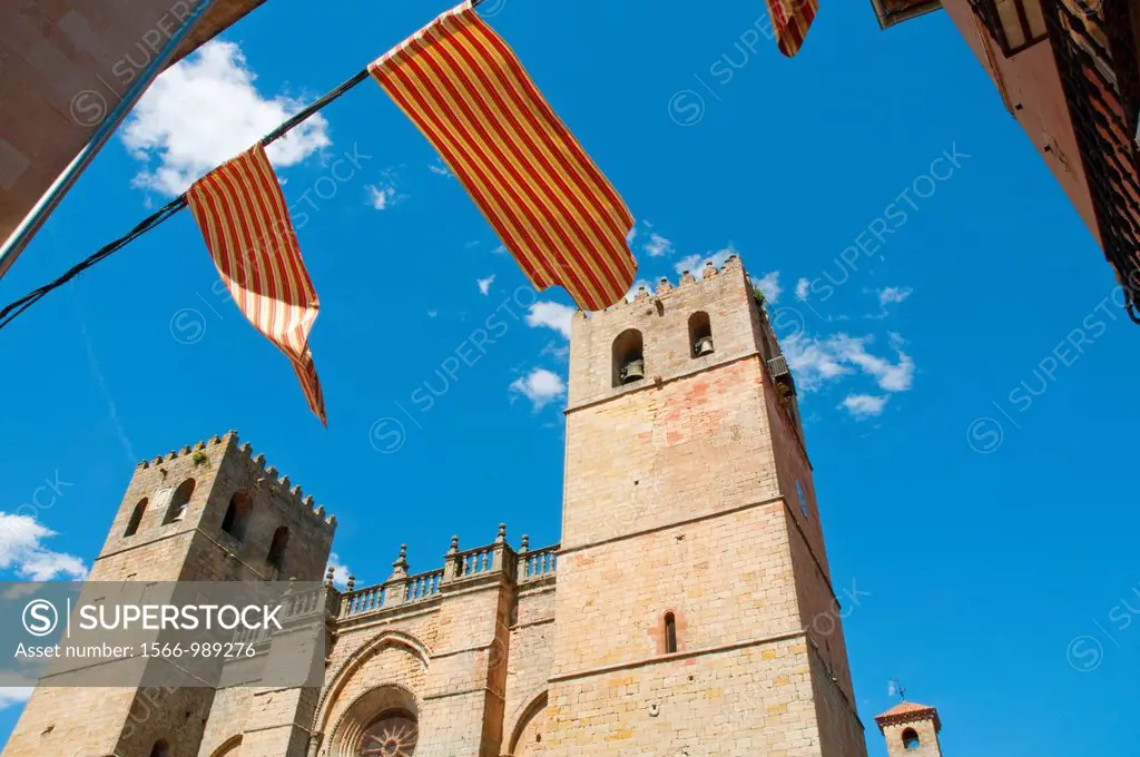 Cathedral and pennants waving  Medieval days, Sigüenza, Guadalajara province, Castilla La Mancha, Spain
