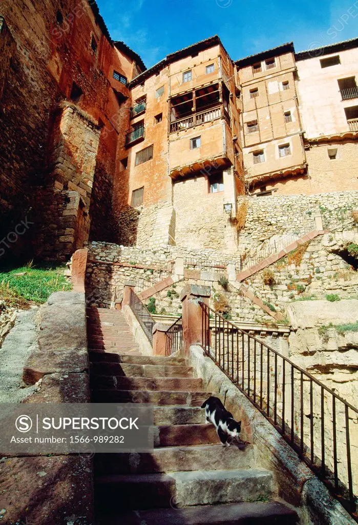 Stairs and houses. Albarracin, Teruel province, Aragon, Spain.