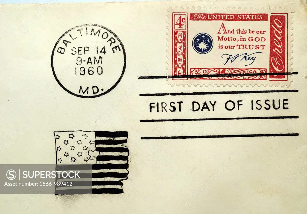 First day of issue postage cancellations 1960 Francis Scott Key, In God We Trust  US commemorative postage stamps