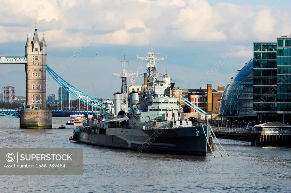 Tower Bridge with HMS Belfast on river Thames, London, England
