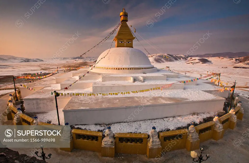 New stupa, winter dawn above Amarbayasgalant Buddhist monastery, selenge province, northern Mongolia