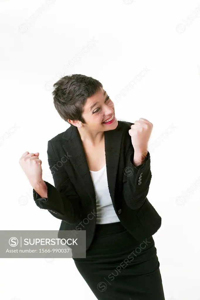 smiling young woman with a look of success on white background
