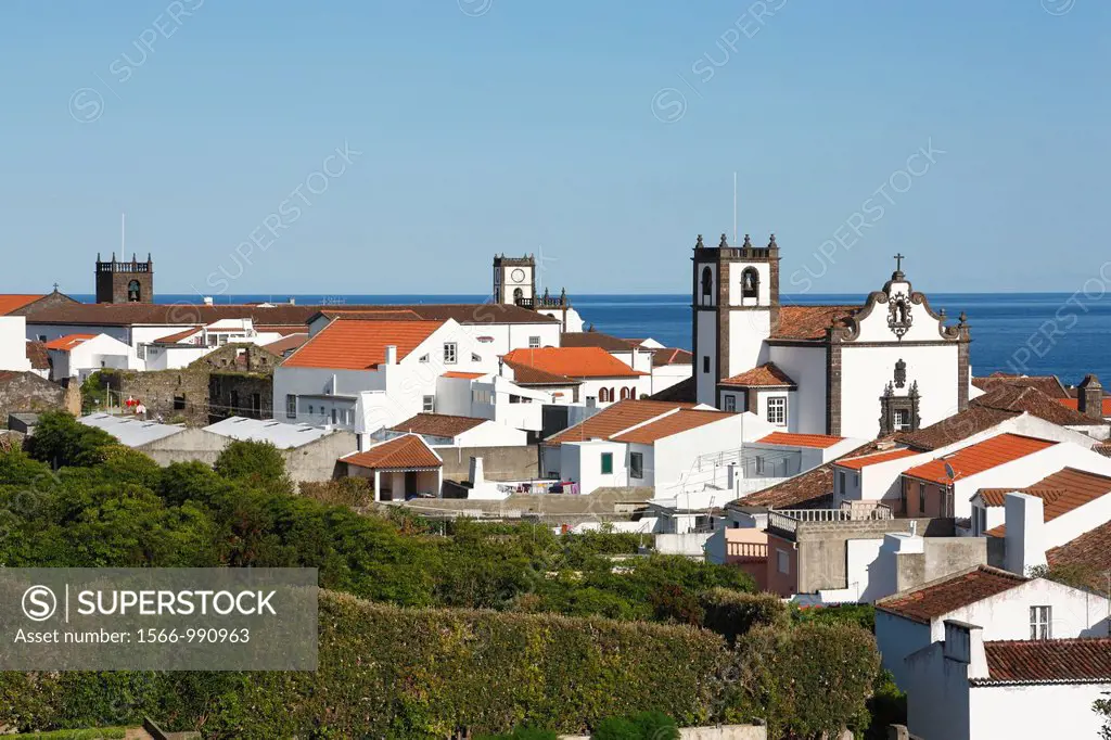 Houses and churches in the town of Vila Franca do Campo  Sao Miguel island, Azores, Portugal