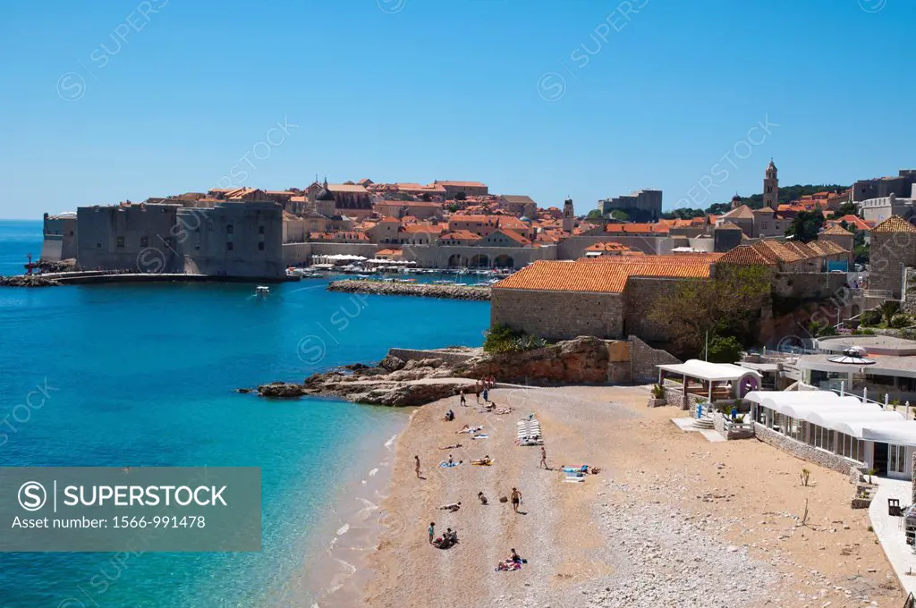 Banje beach with Grad the old town in background Dubrovnik city Dalmatia Croatia Europe