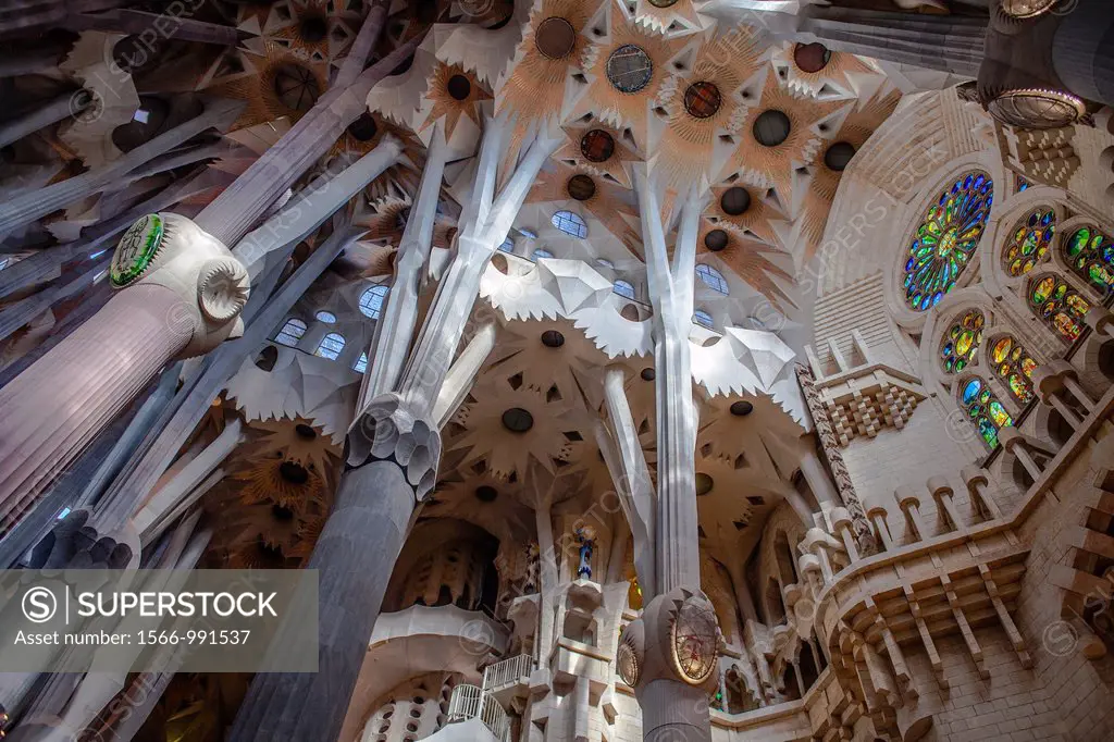 Interior of Basilica Sagrada Familia,transept, Barcelona, Catalonia, Spain