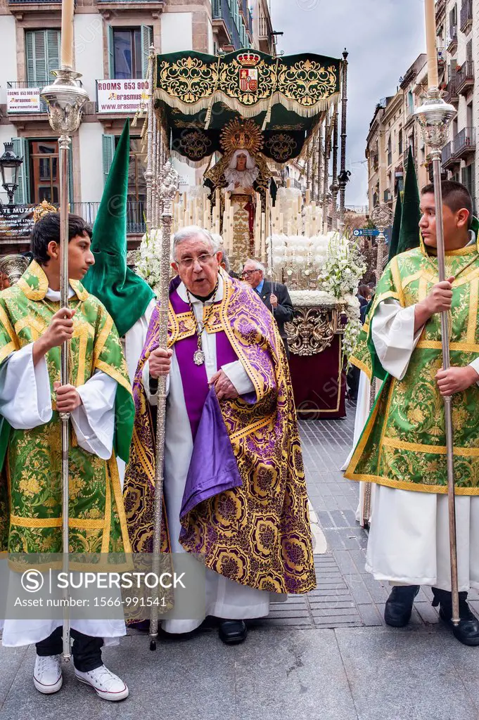 priest and altar servers in procession, sisterhood of Jesus del Gran Poder y virgen de la Macarena, Statue usually in the San Agustin church, Good Fri...