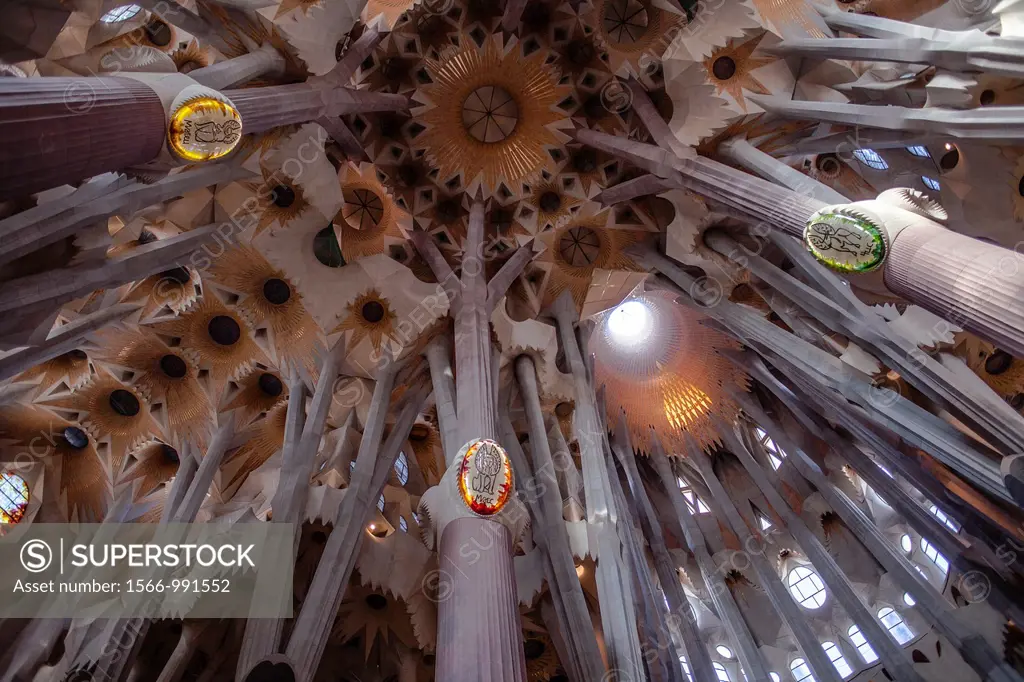 Interior of Basilica Sagrada Familia,crossing,transept and apse, Barcelona, Catalonia, Spain