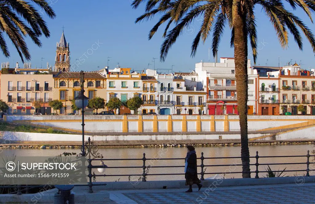 paseo Alcalde Marqués del Contadero, in the background Guadalquivir river and Triana quarter  Seville, Andalusia, Spain
