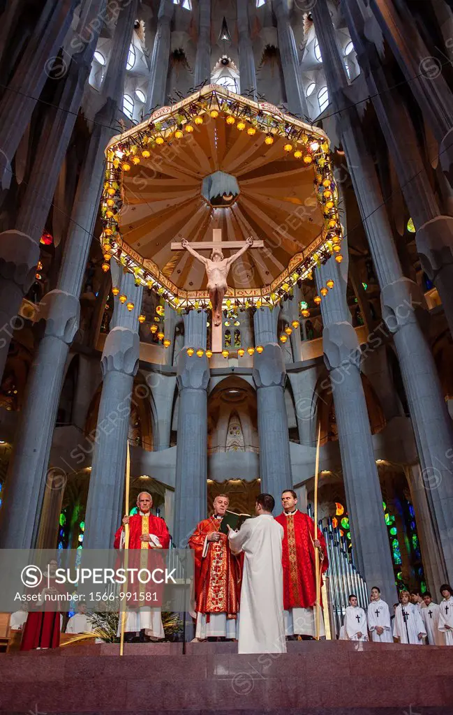 Mass,Palm Sunday Interior of Basilica Sagrada Familia, Barcelona, Catalonia, Spain