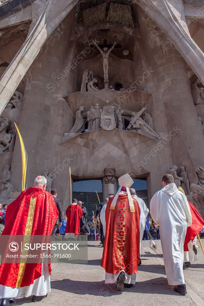 mass of Palm Sunday Passion facade,exterior of Basilica Sagrada Familia, Barcelona, Catalonia, Spain