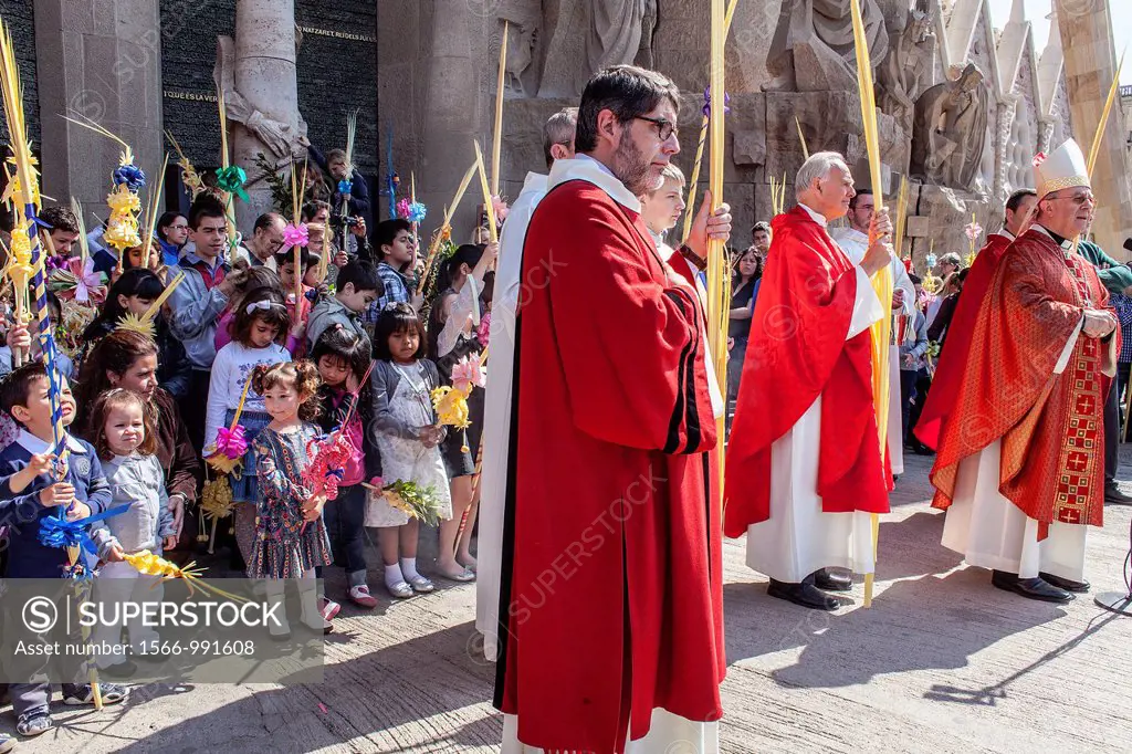 mass of Palm Sunday Passion facade,exterior of Basilica Sagrada Familia, Barcelona, Catalonia, Spain