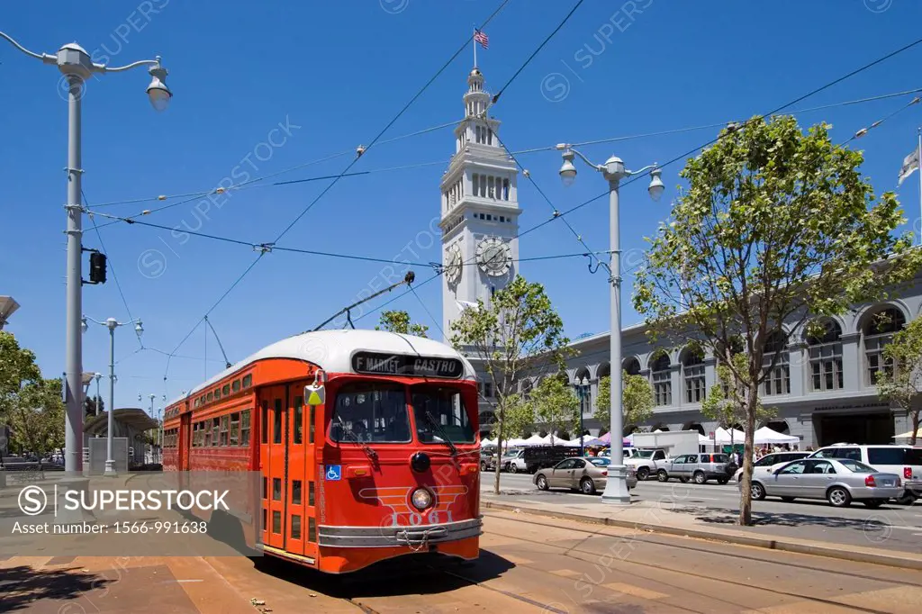 San Francisco Municipal Railway historic F Market line streetcar in front of the Ferry Building along San Francisco s waterfront, San Francisco, Calif...