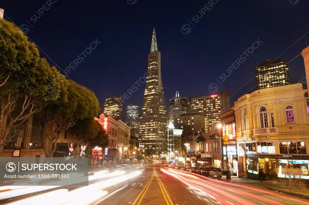 Looking down Columbus Street towards the Transamerica Pyramid Building at night, San Francisco, California, USA