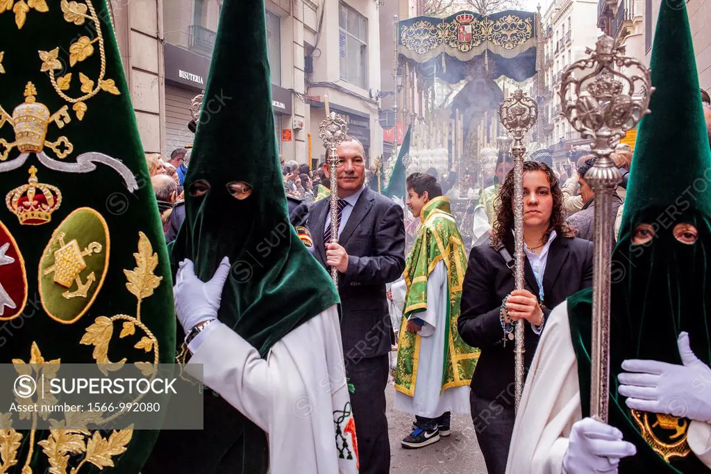 penitents in procession, sisterhood of Jesus del Gran Poder y virgen de la Macarena, Statue usually in the San Agustin church, Good Friday, Easter wee...