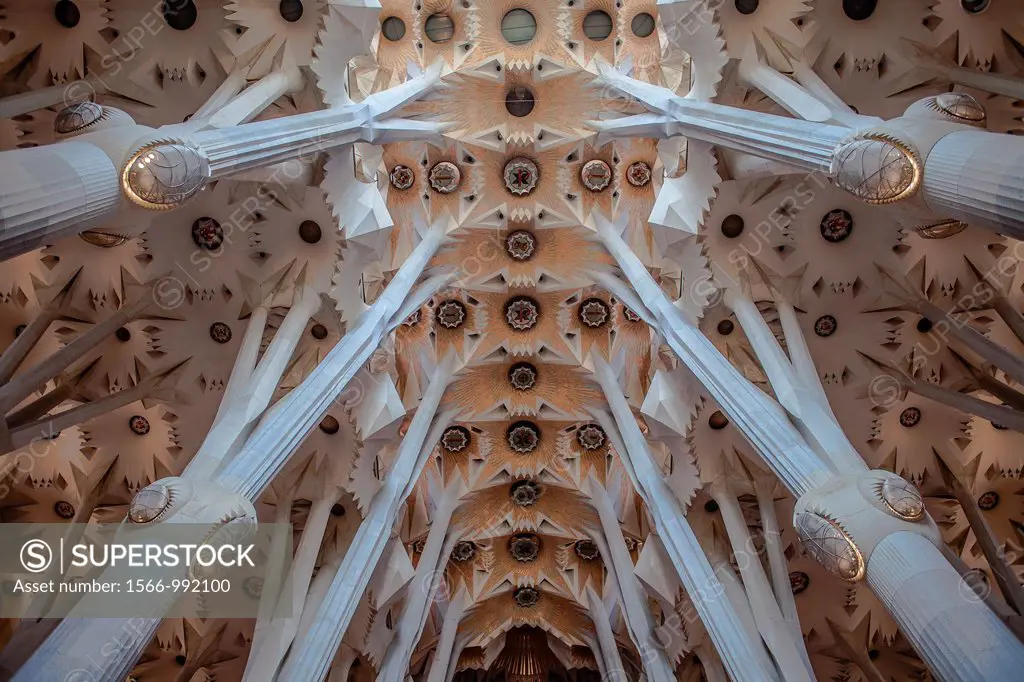 Interior of Basilica Sagrada Familia,nave, Barcelona, Catalonia, Spain