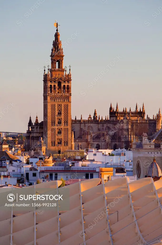 Top of Metropol Parasol and the cathedral,from Plaza de la Encarnación,Sevilla,Andalucía,Spain