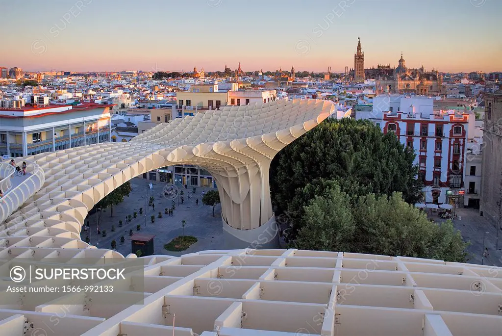 Top of Metropol Parasol, in background the cathedral,from Plaza de la Encarnación,Sevilla,Andalucía,Spain