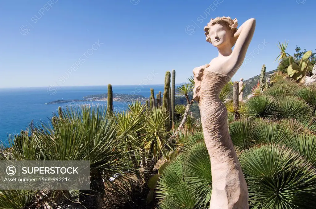 South of France, Eze village, view of exotic garden, Statue of young woman, Cap Ferrat in Background