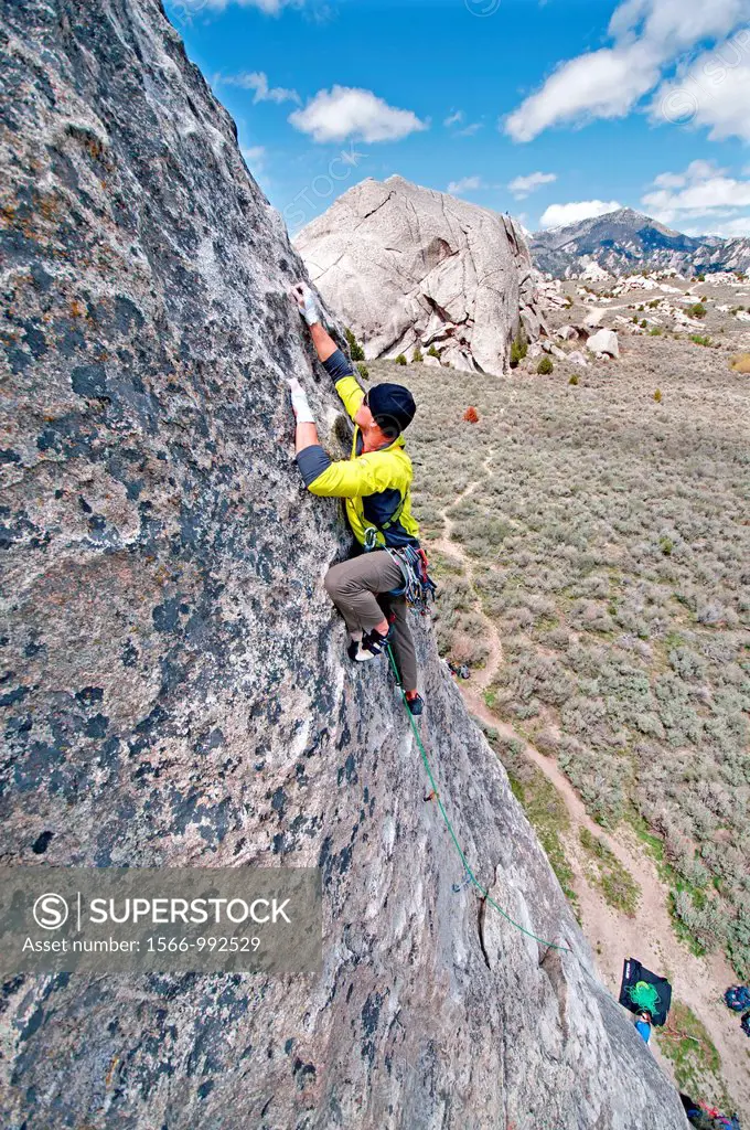 Rock climbing a route called Conceptual Reality which is rated 5,9 and located on The Gallstone at The City Of Rocks National Reserve near the town of...