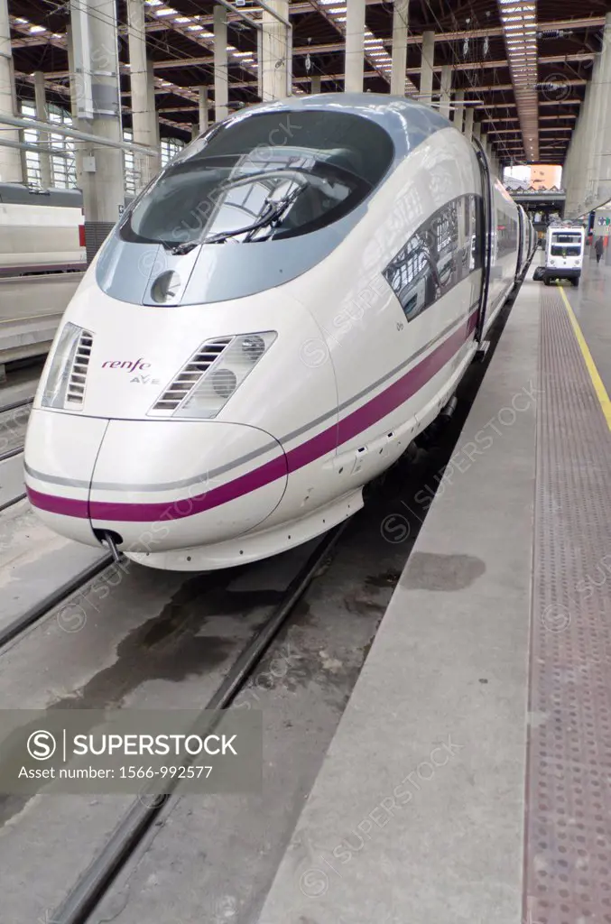 Cabine of Spanish high speed train AVE standed at Atocha train station platform Madrid, Spain