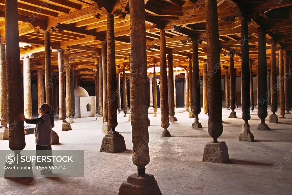 Wooden columns inside of the Juma mosque, Khiva, Silk Road, Unesco World Heritage Site, Uzbekistan, Central Asia.