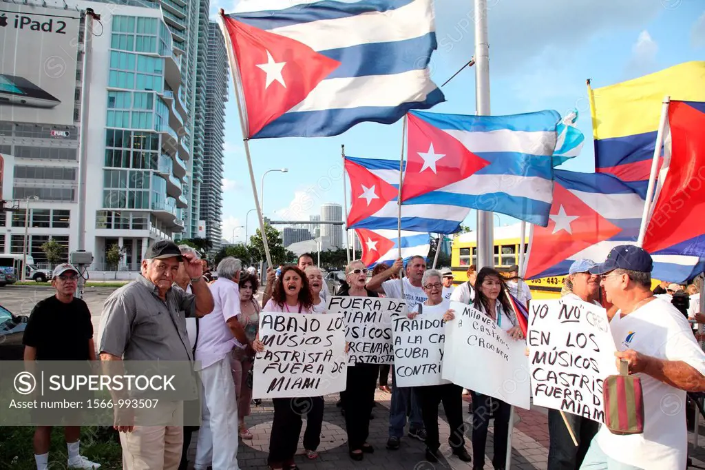 Demonstration of Cuban exiles in the United States protesting the presence of musicians living in Cuba for a visit to work in different locations in M...