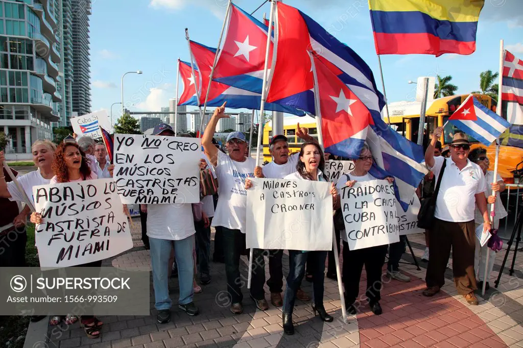 Demonstration of Cuban exiles in the United States protesting the presence of musicians living in Cuba for a visit to work in different locations in M...