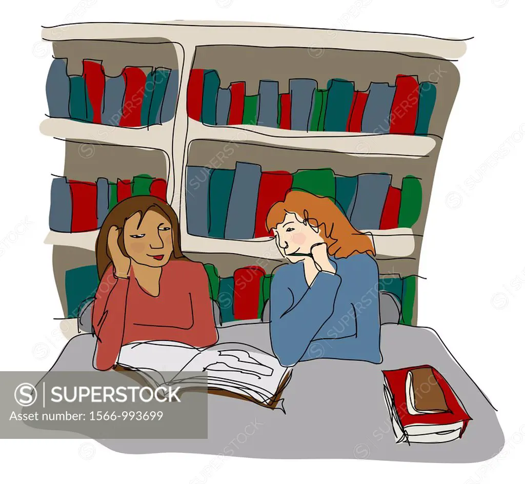 Two female students studying together in a library