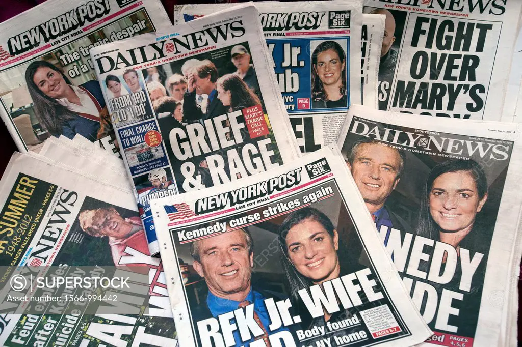 Front pages of the New York Daily News and the New York Post cover the death of Mary Richardson Kennedy, the wife of Robert F Kennedy Jr Her body was ...