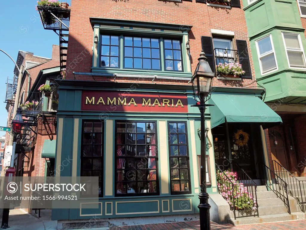 A19th century brownstone row house in Boston´s North End is the location of a popular Italian restaurant  Boston, Massachusetts