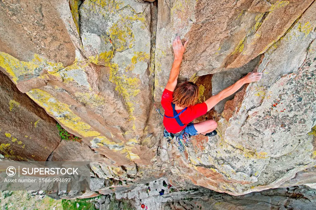 Rock climbing a route called Yellow Wall which is rated 5,9 and located on The Yellow Wall at The City Of Rocks National Reserve near the town of Almo...