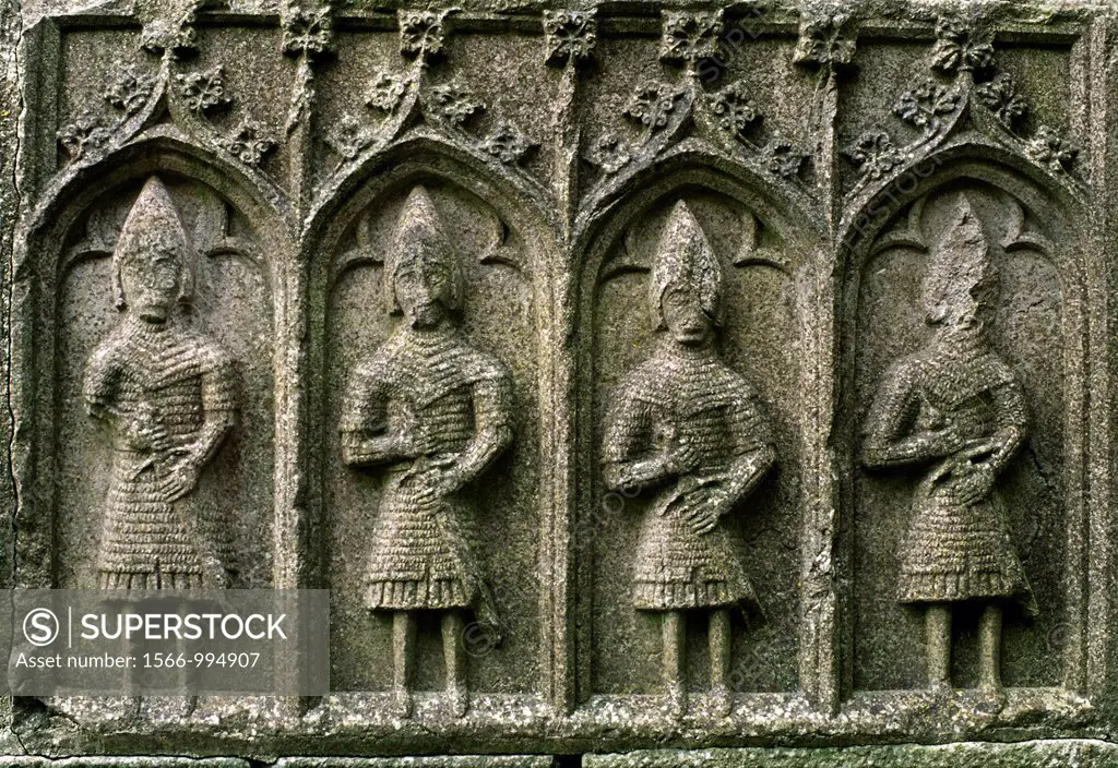 Roscommon Friary, County Roscommon, Ireland  Mail clad warriors on 15 C  tomb which now supports 13 C  effigy of Felim O´Connor
