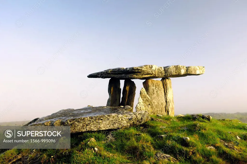 Poulnabrone prehistoric Stone Age dolmen tomb on The Burren limestone plateau near Cliffs of Moher, County Clare, Ireland