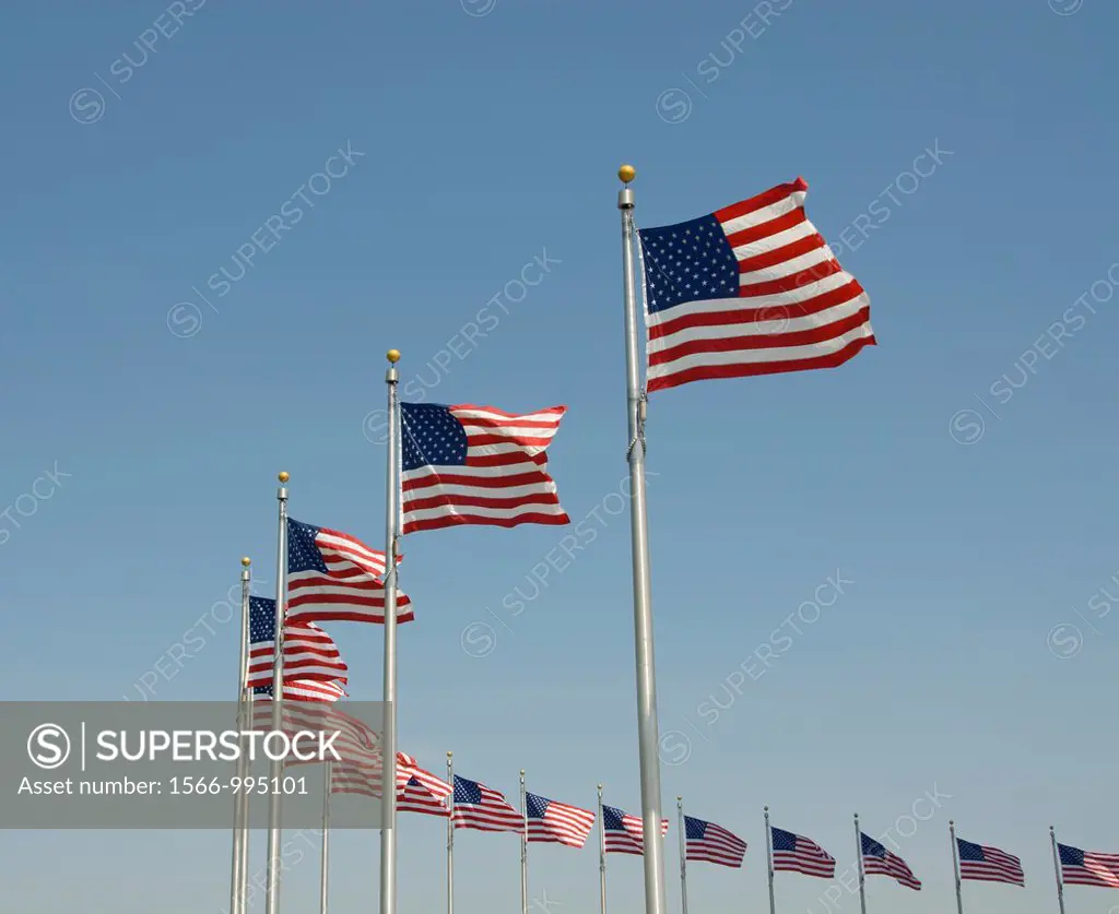 Washington DC USA, American flags at the Washington Monument.