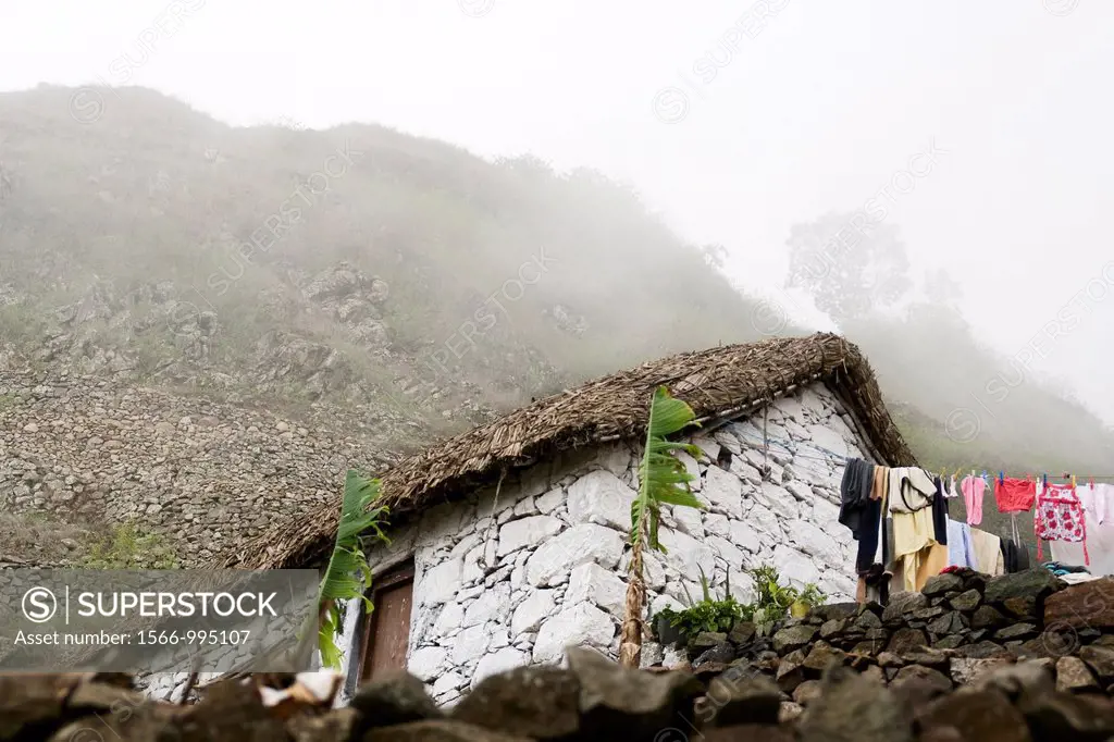 A typical white rural stone house, Paul valley, Santo Antío island, Cape Verde archipelago, Africa