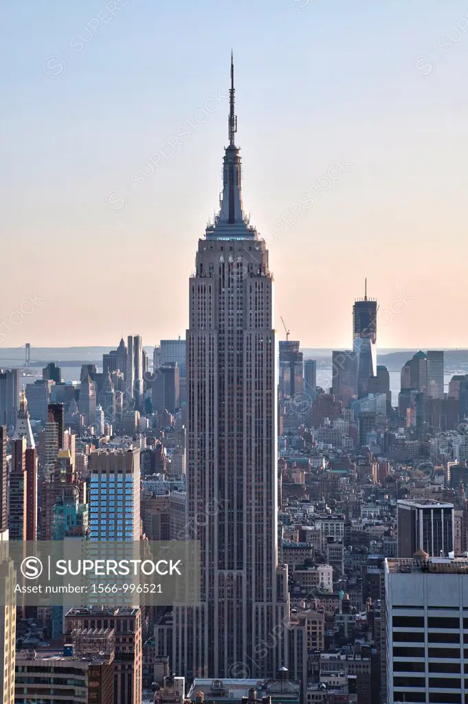 View of Empire State building towards Lower Manhattan from the top of the Rockefeller Center, New York City, United States of America