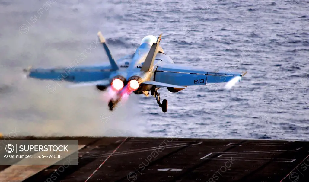 ARABIAN SEA May 24, 2012 An F/A-18E Super Hornet assigned to the Kestrels of Strike Fighter Squadron VFA 137 launches from the flight deck of the Nimi...