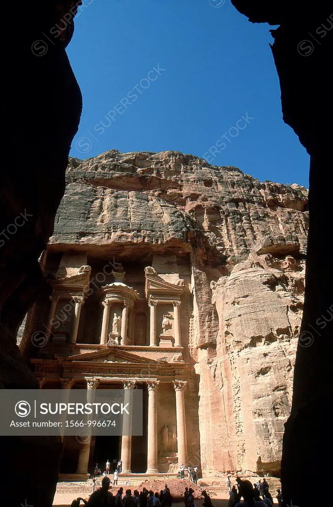 Al Khazneh, Petra´s most elaborate ruin, seen from the narrow gorge Siq, Jordan, Middle East, Asia