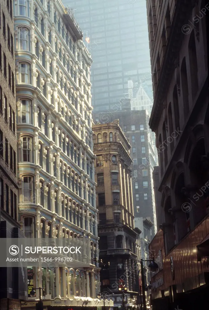 Skyscrapers on Nassau Street in Lower Manhattan seen in New York in 1989