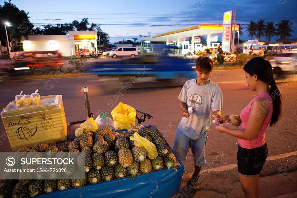 A street vendor selling pineapple from his trisikad  Lapu-Lapu City, Metro Cebu, Mactan Island, Visayas, Philippines