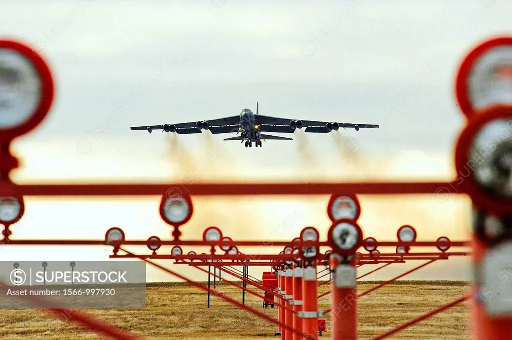 A B-52 Stratofortress takes off April 13, 2011, during an exercise at Minot Air Force Base, N D