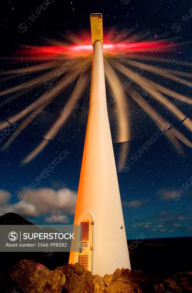 Long exposure and multiple light reveals the 110-foot high tower that holds a 900kW wind turbine, with three 4 2 ton blades that rotate 25 5 meters fu...