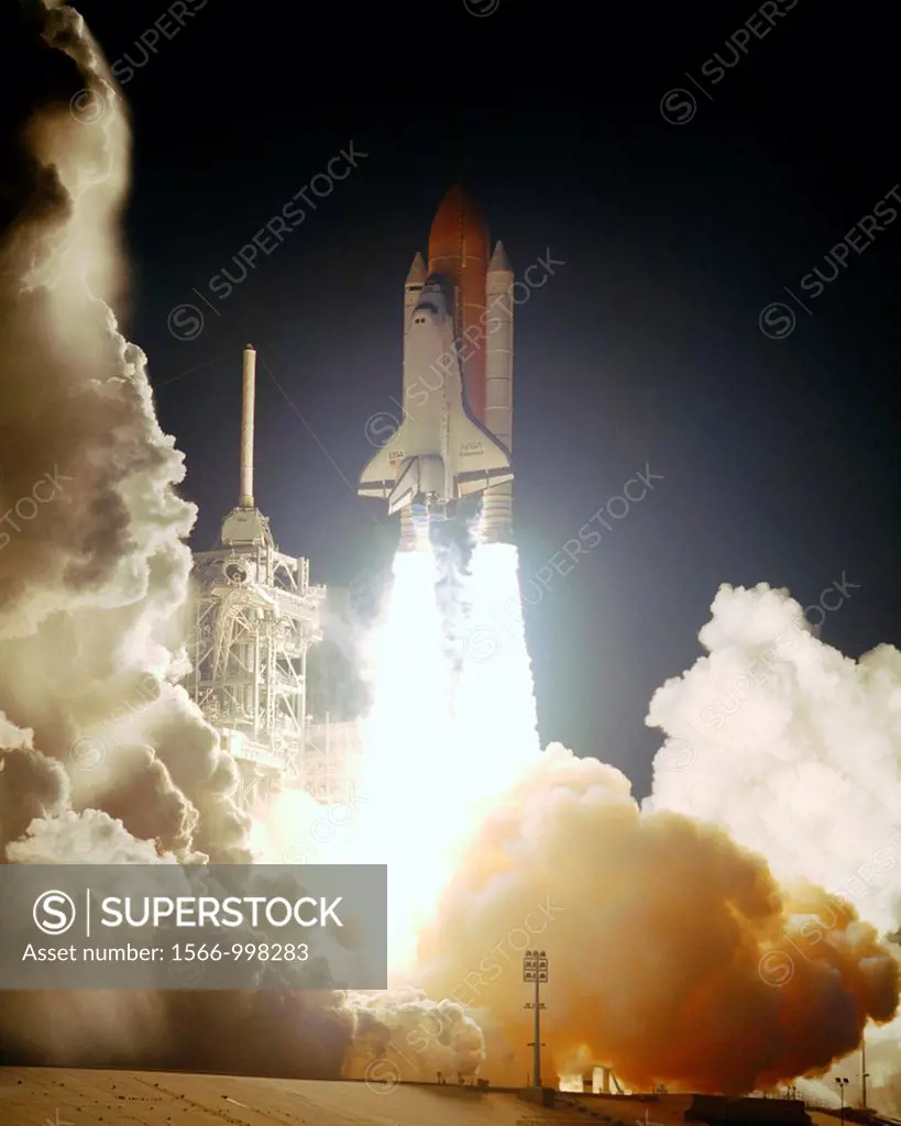 The Space Shuttle Endeavour lights up the night sky as it thunders alfot from Launch Pad 39B at 4:41:00 072 A M  EST, January 11, 1996  Kicking off th...