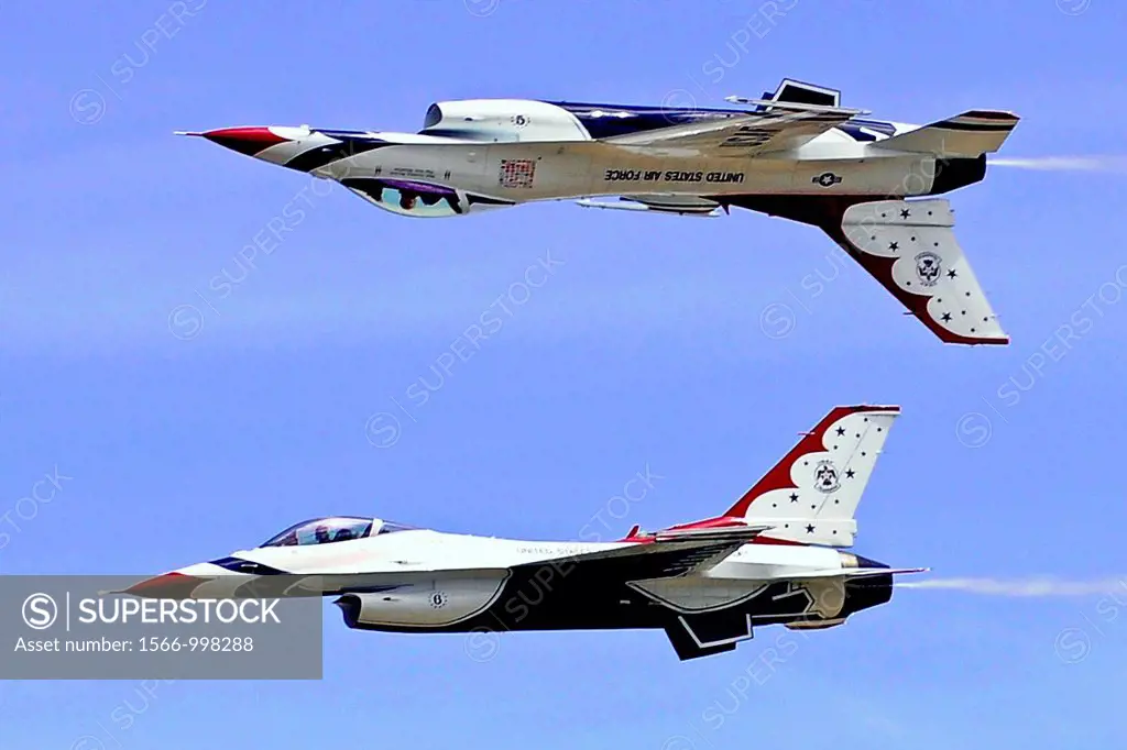 The Air Force Thunderbirds Aerial Demonstration Squadron performs an air show for a crowd of about 25,000 people after the Air Force Academy graduatio...