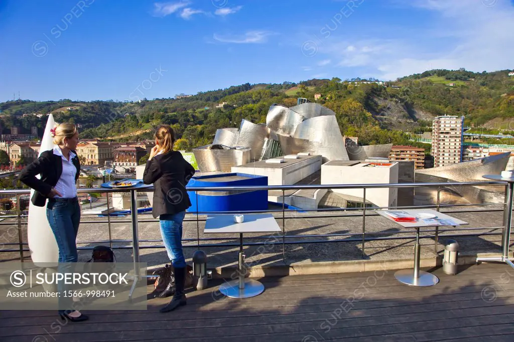 View of the Guggenheim Museum from terrace Domine Hotel, Bilbao, Bizkaia, Vizcaya, Euskadi, Pais Vasco, Basque Country  Spain.