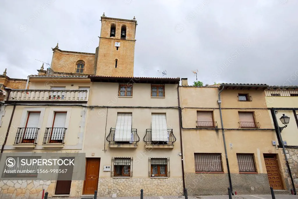 View of a street with a church in Peñaranda de Duero, Burgos, Spain