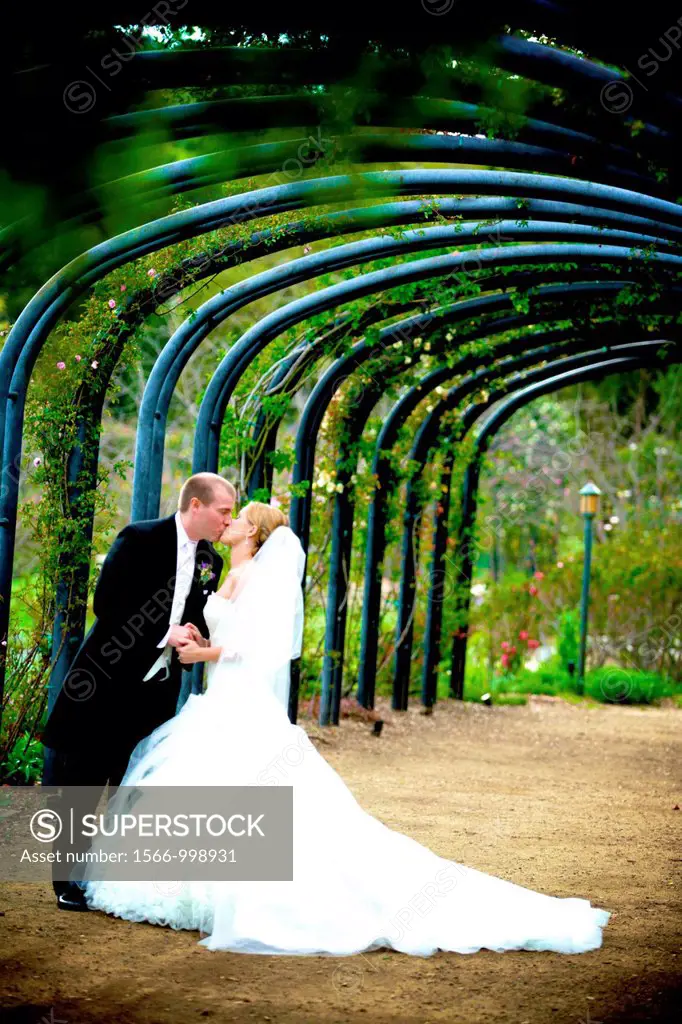 kissing under a canopy of garden arches