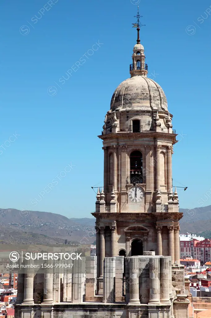 View of the tower of the Cathedral from the Palace Hotel Malaga, Andalucia, Spain, Europe
